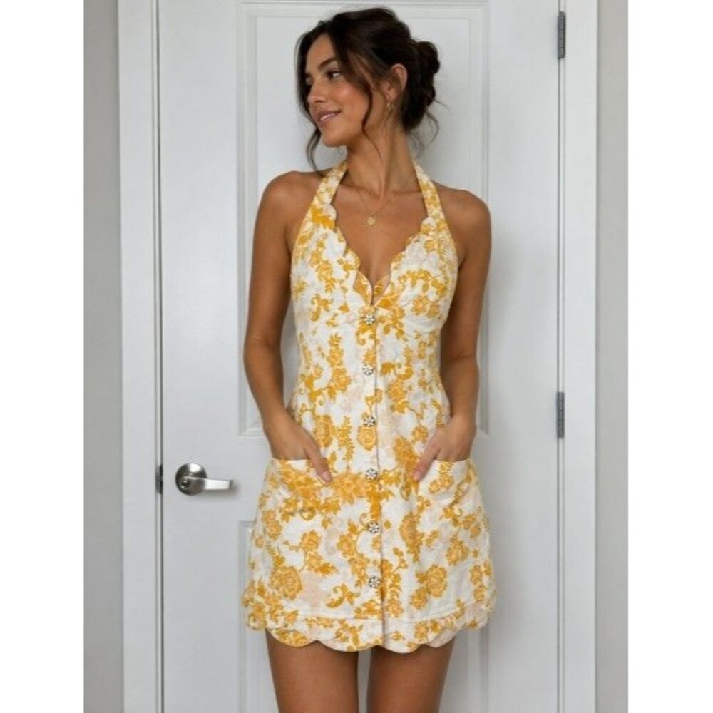 Maeve Anthropologie Floral Halter Mini Dress Scalloped V-Neck Pockets Women's 6 - Picture 2 of 10